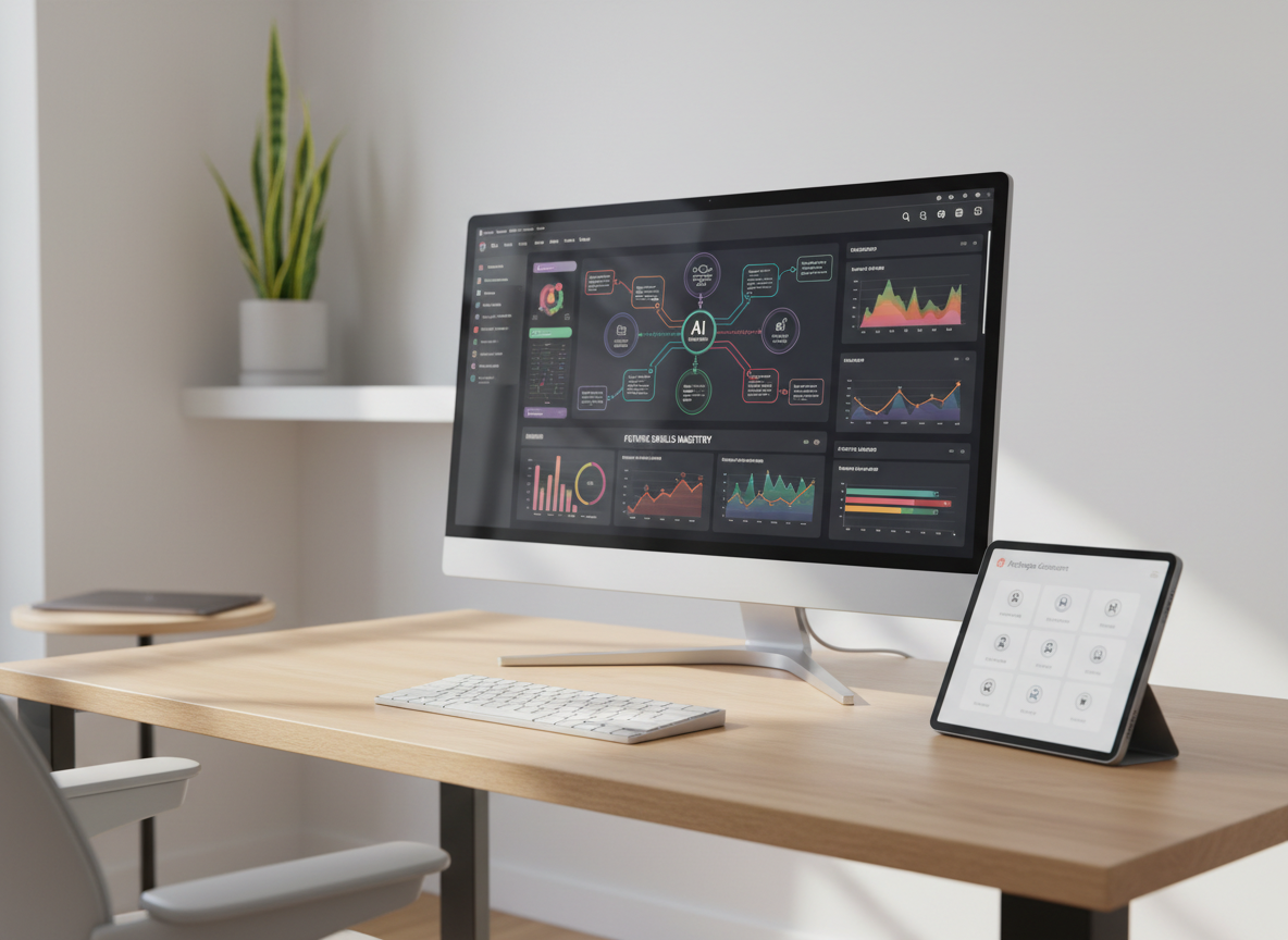 A sleek, ultra-modern digital workspace desk with a large, frameless 32-inch monitor displaying a colorful dashboard of marketing analytics, AI workflow diagrams, and a structured learning roadmap. A slim, backlit keyboard rests on a light oak desktop beside a tablet showing a clean archetype assessment interface with distinct icon-based profiles. The environment is a bright, minimalist home office with matte white walls, a single green plant, and a closed laptop in the background, softly blurred. Natural daylight from an unseen window creates gentle, even illumination with subtle reflections on the screen edges. Photographic realism, eye-level composition, and shallow depth of field convey clarity, focus, and professional digital growth.