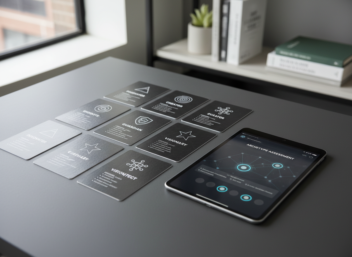 A neat arrangement of printed archetype profiles spread across a matte charcoal table: each profile is a thick, high-quality card featuring a distinct geometric icon, a bold archetype name, and concise strengths and digital career paths below. Beside them lies a sleek tablet displaying an interactive version of the archetype assessment interface with glowing selection states. The background fades into a soft blur of a modern office shelf with a few strategic books and a small plant. Soft, diffused natural light from the side creates gentle highlights on the card edges and tablet screen. Photographic realism, overhead three-quarter angle, and balanced composition communicate clarity, alignment, and data-driven self-discovery.