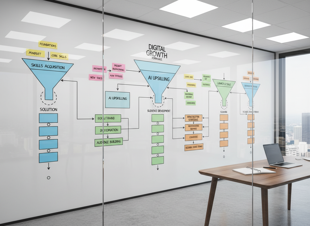 A polished whiteboard wall filled with neatly drawn, color-coded funnels, arrows, and frameworks representing a complete digital growth formula, from skills acquisition to scalable income streams. Sticky notes in strategic clusters label phases like “Foundations,” “AI Upskilling,” and “Launch & Scale,” each written in clean, legible handwriting. The room is a contemporary glass-walled strategy space with a light concrete floor and a closed laptop and notebook resting on a small, simple table in the background. Bright overhead LED panel lighting creates crisp, shadow-free clarity. Captured in photographic realism from a slight side angle, the composition emphasizes depth and structure, evoking precision, strategy, and executive-level planning.