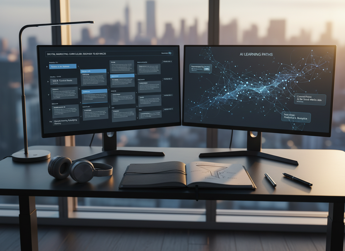 A dual-monitor setup on a matte black standing desk, the left screen showing a step-by-step beginner-to-advanced digital marketing curriculum timeline, and the right screen displaying an AI assistant visually mapping personalized learning paths. Below, neatly arranged are a notebook open to a hand-drawn funnel sketch, a pair of wireless headphones, and a pen aligned parallel to the notebook edge. The setting is a quiet, high-rise office with floor-to-ceiling windows revealing an abstracted, softly blurred city skyline. Late-afternoon golden light streams in, combining with subtle cool-toned desk lamp illumination to create a balanced, focused atmosphere. Photographic realism, slightly elevated angle, and shallow depth of field highlight disciplined, structured upskilling.